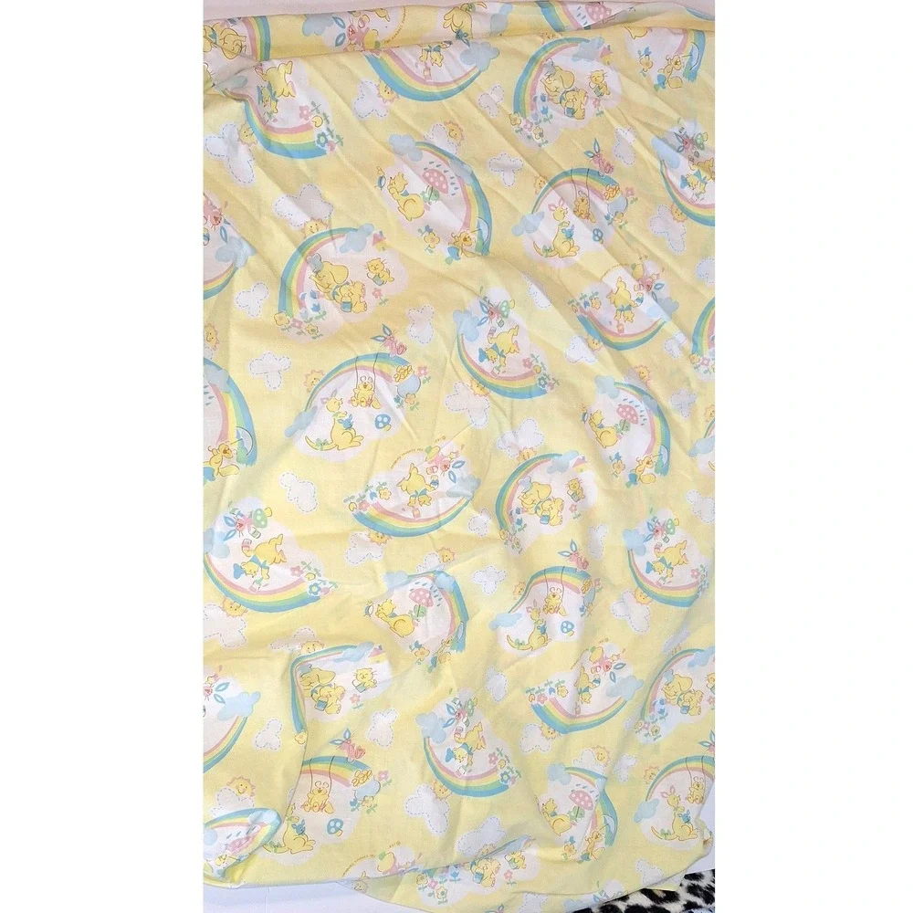 Vtg 1991 rabbit bear Fitted baby Crib Sheet Yellow Rainbow Kendall Company